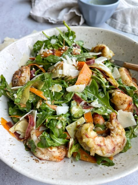 Lemon Arugula Shrimp Salad - onebalancedlife.com Lemon Basil Dressing, Balanced Dinner, Balanced Lunch, Salad Shrimp, Shrimp Pasta Salad, Arugula Recipes, Lemon Basil, Refreshing Salad, Grilled Chicken Salad