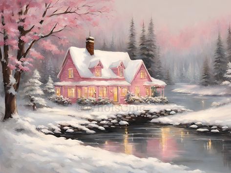 Instantly download this cute pink Christmas Cozy Snowy House digital print! Vintage Pink Christmas Images, Pink Christmas Painting, Pink Christmas Aesthetic Vintage, Pink Christmas Room Decor, Iphone Esthetics, Snowy Christmas Decor, Light Pink Christmas, Pink Vintage Christmas, Pink Xmas Tree