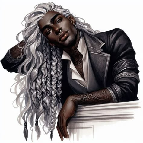 Male Faerie, Black Male Character, White Hair Dark Skin, Render Reference, White Hair Men, Ancient Greek City, Female Inspiration, Character Inspiration Male, Book Artwork