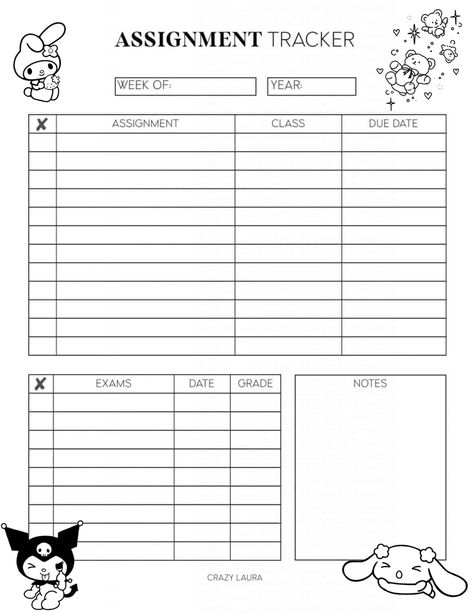 Sanrio School Printables, College Planner Aesthetic, Goodnotes Template Aesthetic, To Do List Pink Aesthetic, Chart Template Aesthetic, Sanrio Schedule, Planer Ideas Diy Daily Planners, Planner Template School, Sanrio Planner