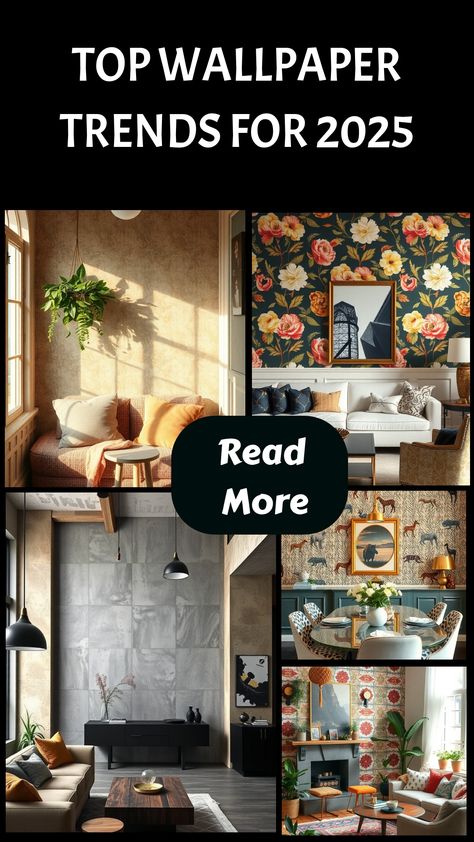 Collage of stylish interior designs featuring diverse wallpaper patterns and decor trends for 2025. Wallpaper Behind Sofa Wall, Rug And Wallpaper Combos, Wallpaper Fireplace Wall Living Room, Wallpaper Uses Home Decor, Bold Wallpaper Accent Wall Living Room, Living Room Wall Papering Ideas Modern, Foyer With Wallpaper, Wallpaper On One Wall In Bedroom, Wallpaper On Bedroom Ceiling