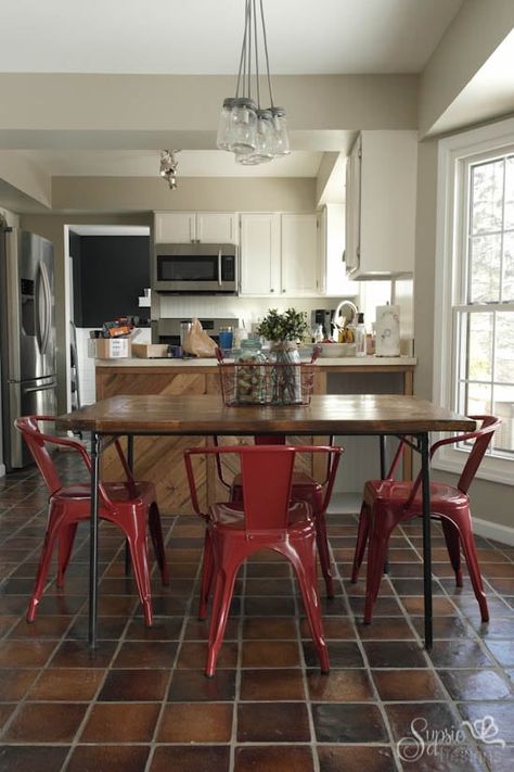 IKEA Industrial Meets Farmhouse Table Hack - Sypsie Designs Ikea Industrial, Industrial Farmhouse Table, Industrial Farmhouse Kitchen, Farmhouse Entryway Table, Ikea Farmhouse, Table Couch, Ektorp Sofa, Red Chairs, Farmhouse Style Furniture