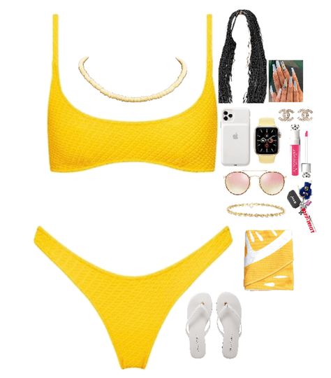 Beach Polyvore Outfits, Beach Party Outfits, Collage Outfits, Cute Vacation Outfits, Swimsuits Outfits, Beach Wear Outfits, Yellow Outfit, Capsule Outfits, Hippie Outfits