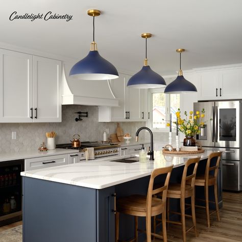 Swipe for cozy breakfast nook inspo 🤩💭 💫 Cabinets: @candlelight_cabinetry 🚪Door: Hawthorne 🎨 Color: Cabinets: Snowflake // Island: Stormy Blue ⭐️ Designed by: Hannah Guilford at @heartandhammerhomes 📸 Photographer: @seanlitchfield #breakfastnook #customcabinets #kitchengoals #kitchendesign #kitchenremodel Blue And Brown Kitchen, Blue Island White Cabinets, Candlelight Cabinetry, Farmhouse Kitchen Colors, Kitchen Color Palettes, Two Tone Cabinets, Navy Kitchen, Rattan Light Fixture, Walnut Kitchen