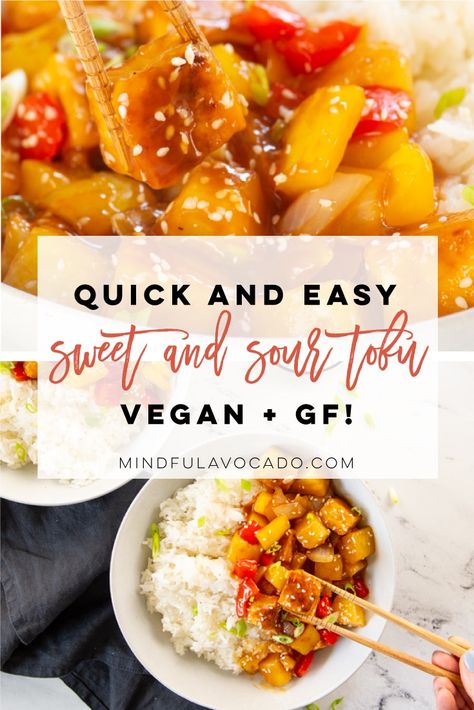 Sweet and Sour Tofu -- This healthy Chinese recipe is the PERFECT weeknight meal! Tofu, peppers, onions, and pineapple covered in a delicious sauce. It's so easy to make, and the entire family will enjoy this recipe! #sweetandsourtofu #veganchinesefood #healthychinesefood #crispytofu #veganasianfood | Mindful Avocado Tofu And Pineapple, Vegan Sweet And Sour, Pineapple Tofu, Vegan Pineapple Recipes, Healthy Chinese Recipes, Healthy Asian Recipes, Vegan Lunch Recipes, Tofu Dishes, Pineapple Recipes