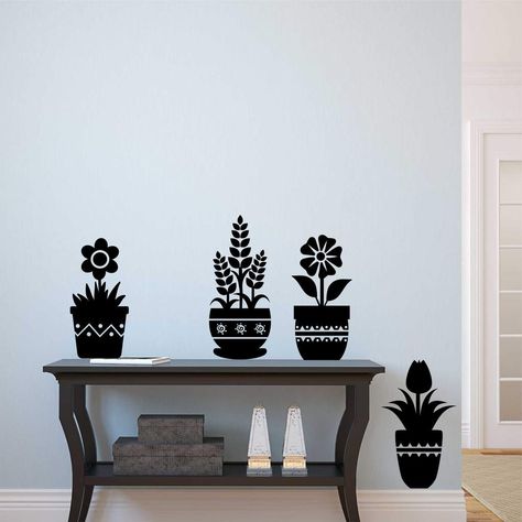 Flower Pot Silhouettes | Vinyl Wall Lettering | Plant Decal #walldecals #walldecorations #walldecor #walldecoridea #flowerpot Plant Stencil Wall Art, Plant Vinyl Decals, Plants Silhouette, Farmhouse Wall Decals, Black And White Flower Mural Wall, Wall Art Tutorial, Wall Lettering, Vinyl Wall Lettering, Plant Wall Decor