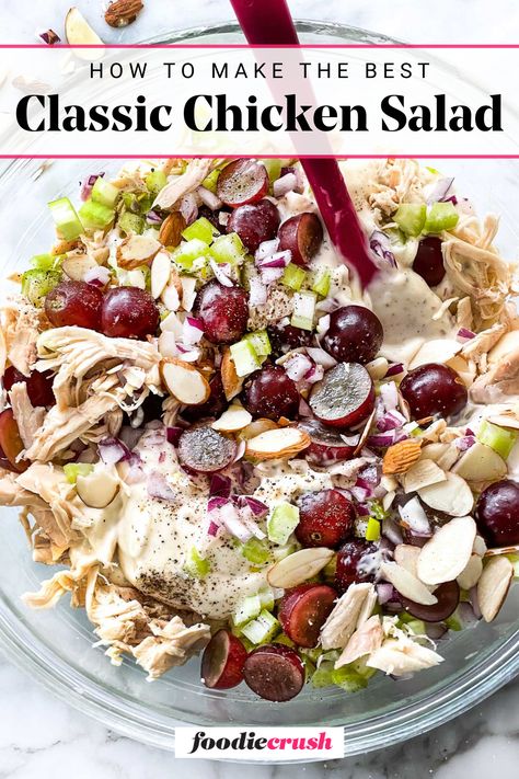 This recipe unlocks the secrets to THE BEST Classic Chicken Salad!  Shredded chicken is tossed with a creamy mayonnaise dressing, chopped celery for crunch, red grapes for sweetness, and a hint of red onion. Simple to prepare and bursting with flavor, it's the perfect filling for sandwiches, wraps, or a refreshing salad.  This recipe is sure to become your go-to lunch option for busy weekdays. Simple Chicken Salad Recipe With Grapes, Chicken Salad Grapes, Chicken Salad With Red Grapes, Chicken Salad With Grapes And Celery, Chicken Salad With Grapes And Pecans, Chicken Salad Recipe With Grapes, Walnut Chicken Salad, Chicken Salad With Grapes, Gourmet Chicken