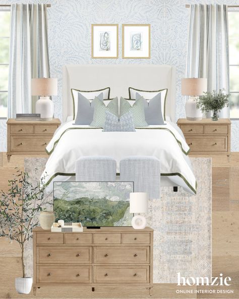 Neutrals And Blue Bedroom, Master Bedrooms Decor Costal, Neutral Decor With Blue Accents, Neutral Bedroom Hint Of Blue, Neutral Bedroom Dark Floors, Neutral And Blue Bedding, Country Hamptons Style Bedroom, Blue Night Stands Bedroom, Bedroom With Blue Dresser