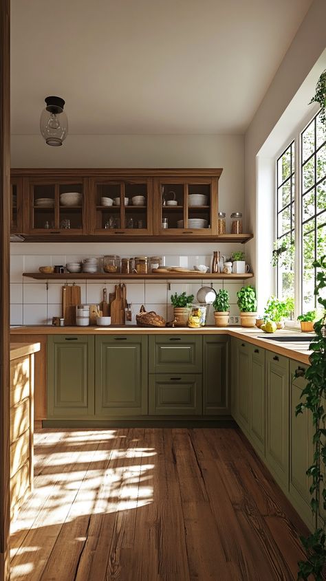 Farmhouse-style green kitchen with wood cabinets, white walls, open shelving, and natural materials, showcasing a Bottom Green Kitchen Cabinets, Kitchen Interior Green Cabinets, Green Tile Wood Kitchen, Olive Green Kitchen Cabinets Farmhouse, Green Wall Kitchen Wood Cabinets, Small Kitchen Remodel Green Cabinets, Green And Wood Home Aesthetic, Green Kitchen With Cream Cabinets, Small Kitchen Remodel Wood Cabinets