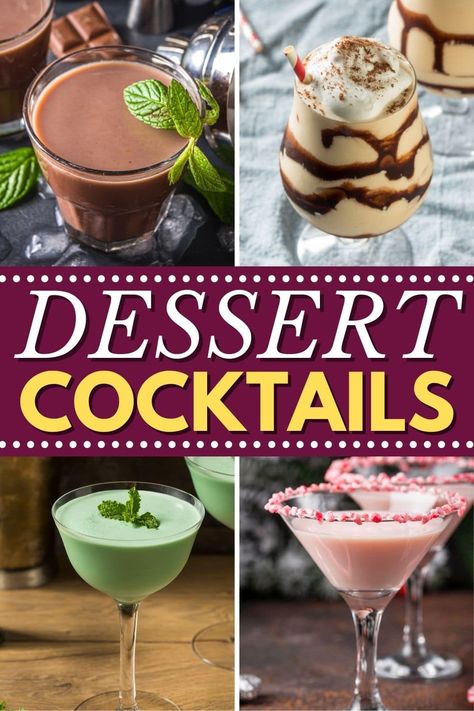 These dessert cocktails are a great way to treat yourself! From martinis to mudslides to salted caramel white Russians, give happy hour a sweet spin with these drinks. Desert Cocktails, Dessert Martinis, Frozen Fruit Cocktails, Christmas Dessert Drinks, Easy Holiday Cocktail Recipes, Easy Holiday Drinks, Dessert Cocktails, Baileys Cocktails, Christmas Dinner Desserts