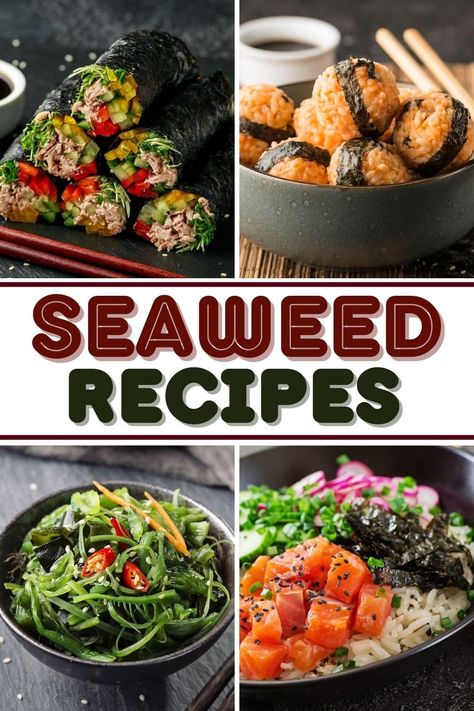 Try these tasty seaweed recipes for unforgettable meals and snacks! From salad to soup to rice balls, seaweed adds a dose of nutrition to so many dishes. Seaweed Wraps Recipes Vegan, Rice And Seaweed Recipes, Roasted Seaweed Recipes, Seaweed Recipes Wraps, Roasted Seaweed Snack Ideas, Seaweed Wraps Recipes, Seaweed Recipe, Seaweed Food, Polynesian Dishes