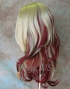 Blonde With Burgundy, Burgundy Blonde Hair, Red And Blonde Hair, Red Hair Tips, Red And Blonde, 2015 Hair, Wigs Blonde, Dyed Tips, Peekaboo Hair