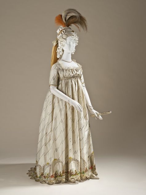 Woman's Dress (Round Gown) Europe, textile 1785–1790; dress circa 1795 Silk plain weave with weft-float patterning, silk and metallic-thread embroidery, sequins, silk and linen net, silk satin, and silk plain-weave (faille) trim Center back length: 56 in. (142.24 cm) M.2007.211.933 | LACMA Collections 18th Century Ball Gown, 1790s Fashion, 1700 Fashion, Regency Era Fashion, Regency Dress, Regency Fashion, 18th Century Fashion, Century Clothing, Vintage Gowns