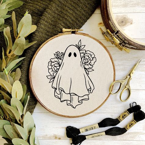 "Wildflower Ghost Embroidery Pattern WHAT YOU RECEIVE: ◗ This pattern comes as a PDF file ready to print with the pattern already scaled to fit 3\",4\", 5\" 6\" 7\", and 8\" hoops. All you will need to do is download it, print whichever page you need, cut out the circle, transfer the design to your fabric via pencil or marker, and embroider away! ◗ Stitching Guide on how to transfer design, prepare your hoop and a 9 basic stitch instruction. ◗ Print this pattern as many times as you like and cre Vintage Halloween Embroidery Patterns, Spooky Season Embroidery, Cute Ghost Embroidery, Spooky Embroidery Patterns, Fall Embroidery Patterns, Halloween Embroidery Patterns, Horror Embroidery, Witchy Embroidery, Spooky Embroidery