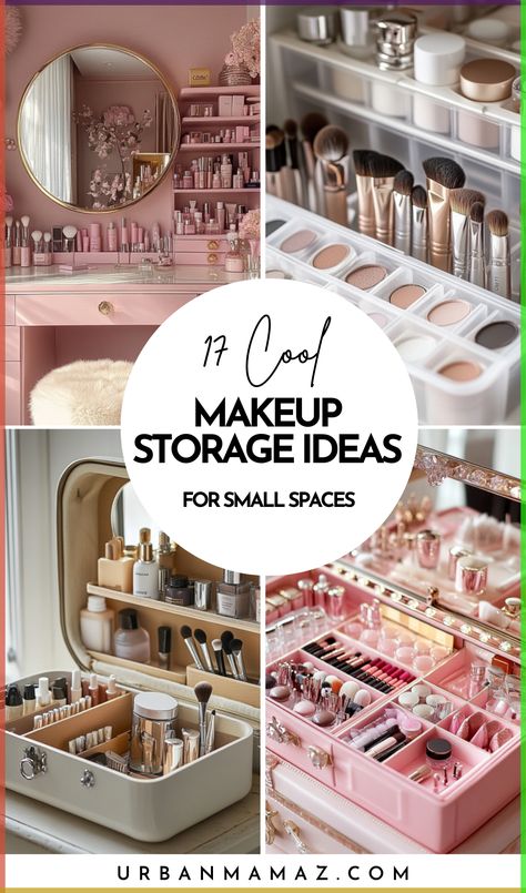 Looking for 17 cool makeup storage ideas for small spaces? Check out these clever and stylish solutions to organize your beauty essentials in any tiny area! Makeup Storage For Small Spaces, Beauty Product Display, Countertop Makeup Organization, Makeup Organizer Ideas, Makeup Cart, Quick Makeup Routine, Best Storage Ideas, Makeup Storage Ideas, Perfume Storage