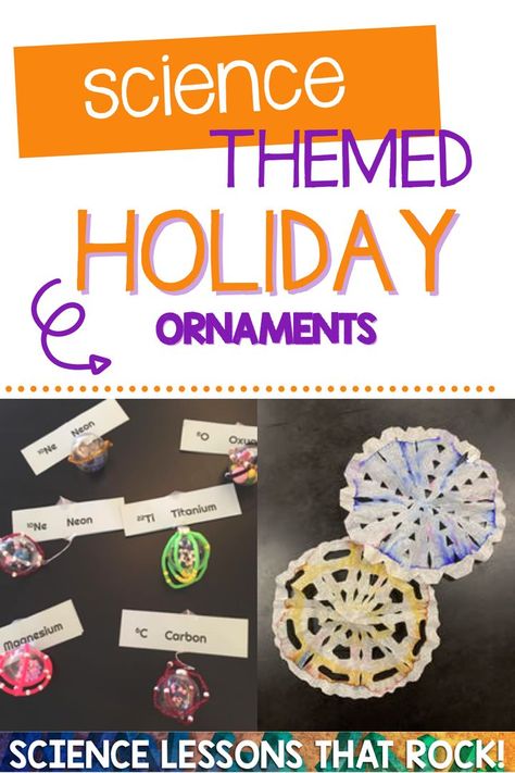 This blog posts shares ideas on making science themed holiday ornaments for your secondary science classes https://sciencelessonsthatrock.com/science-themed-holiday-ornaments-html/ Holiday Science Experiments, Science Themed Christmas Tree, Biology Ornaments Diy, Stem Christmas Ornaments, Science Ornaments Diy, Science Christmas Door Decorations, Science Christmas Decorations, Biology Christmas, Science Ornaments