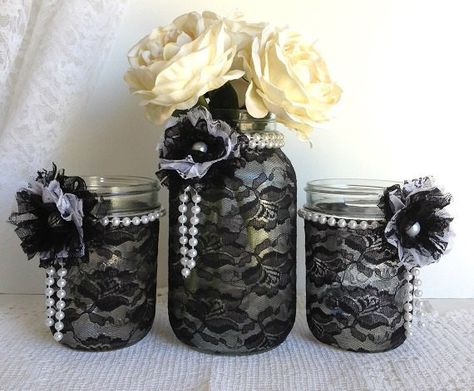 table for bridal shower games | black lace mason jar wedding, bridal shower, home decoration ขวดโหล Mason Jar, Mason Jar Wedding Decor, Goth Party, Lace Mason Jars, Toples Kaca, Soft Goth, Aesthetic Emo, 20s Party, 30th Party