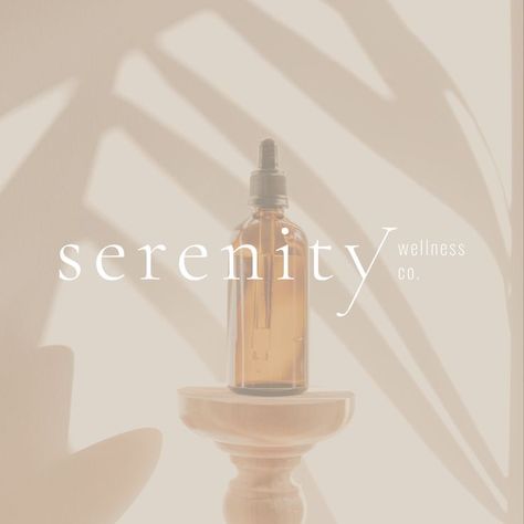 A glass bottle sits on top of a stand. The logo for Serenity Wellness Co. sits atop the image. Serenity Logo, Logo Design, ? Logo, Design