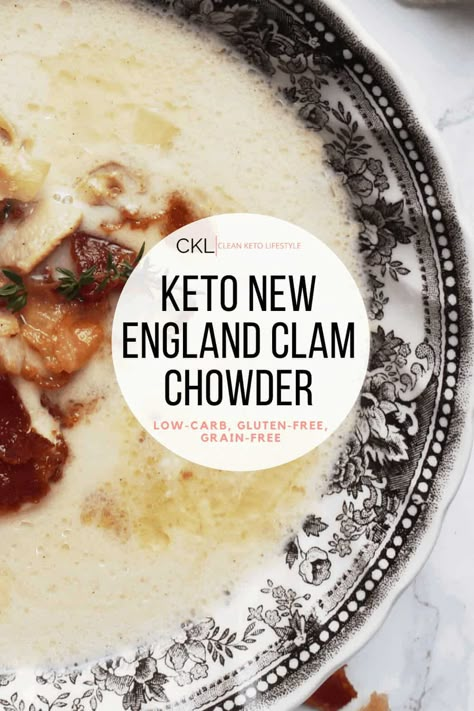 This Keto New England Clam Chowder is the best warm and hearty soup on a cold day!  It is a classic comfort food that is easy to make and delicious. Our version is creamy, filling, and delicious. This dish is keto, low-carb, grain-free, and gluten-free! Keto Gluten Free Soup, Low Carb Clam Chowder New England, Keto Clam Recipes, Carnivore Clam Chowder, Paleo Clam Chowder, Keto Chowder Recipe, Keto Clam Chowder Recipe, Keto Seafood Chowder, Low Carb Clam Chowder Recipe