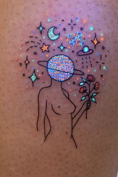 Small Uv Light Tattoos, Raver Tatoos, Neon Tattoos, Uv Tattoos, Rad Tattoos, Black Light Tattoo, Neon Tattoo, Uv Tattoo, Funky Tattoos