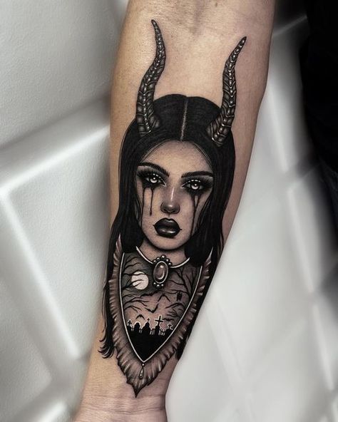 Demon Girl Tattoo, Henna Ink, Hourglass Tattoo, Girl Face Tattoo, Devil Tattoo, Demon Tattoo, Halloween Graveyard, Witch Tattoo, Line Work Tattoo