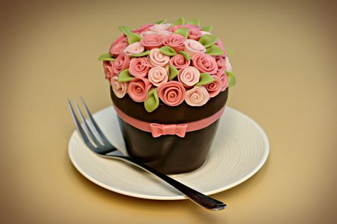 Flower Pot Cake - I used brownies and choco ganache for the cake, then domed the top with cream cheese buttercream in order to have a base for the flowers to stick.  The outside is modeling chocolate. Cupcake Flower Pots, Cupcakes Bonitos, Cupcake Rose, Flower Pot Cake, Cupcake Flower, Cookies Cupcake, Pot Cakes, Pretty Cupcakes, Garden Cakes