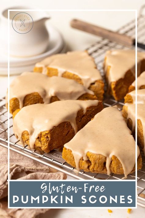 These gluten-free pumpkin scones are such a treat for breakfast in the fall! They’re soft, light and tender, with warm notes of pumpkin spice and a sweet maple glaze. These are also easy to make - the dough comes together in about 15 minutes - and like most homemade baked goods, they’re so much better than anything you can get from Starbucks! Gf Pumpkin Scones, Gluten Free Pumpkin Scones Recipe, Gf Scones Gluten Free, Pumkin Scones, Gluten Free Pumpkin Scones, Market Cart, Pumpkin Scones Recipe, Homemade Baked Goods, Gluten Free Scones