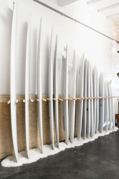 Surf Rack Wall, Surf Shop Interior, Surfboard Room, Surfboard Shop, California Culture, Surfboard Storage, Surf Rack, Surfboard Rack, Surf Room