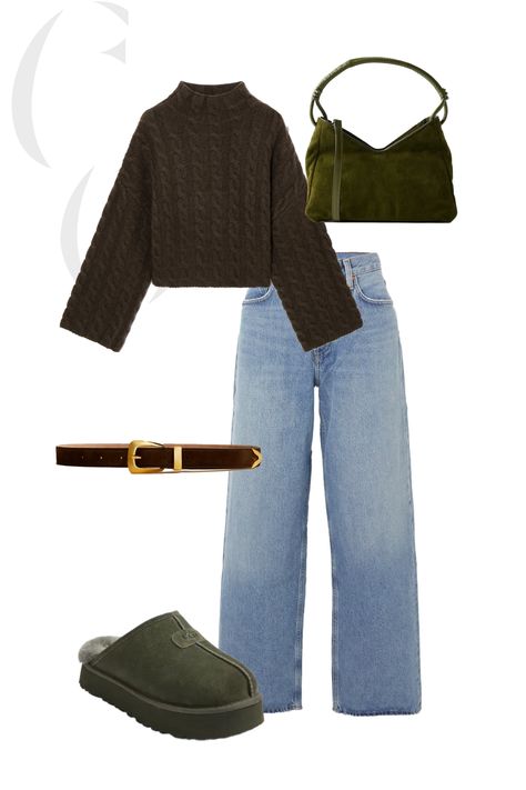 Platform olive green uggs styled with baggy jeans, cable knit sweater, suede olive green bag, and a gold buckle brown khaite belt Olive Uggs Outfit, Olive Green Bag Outfit, Olive Shoes Outfit, Uggs Styled, Khaite Belt, Green Uggs, Green Bag Outfit, Ugg Slippers Outfit, Olive Green Outfit