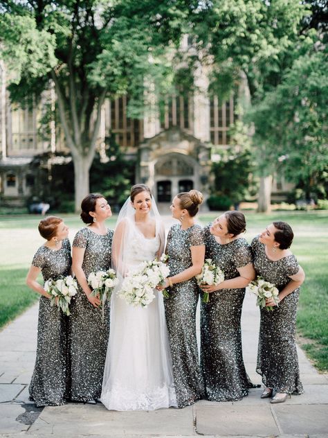 Sparkly Bridesmaids, Sparkly Bridesmaid Dress, Metallic Bridesmaid Dresses, Bridesmaid Dresses Ideas, Art Nouveau Weddings, Silver Bridesmaid Dresses, Art Museum Wedding, Ann Arbor Wedding, Bridal Party Attire