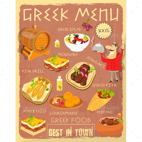 Greek Food Menu Ancient Greek Food, Gyros Pita, Red Salad, Greek Menu, Dinner Fish, Recuerdos Primera Comunion Ideas, Greece Food, Menu Card Template, Recipe Drawing