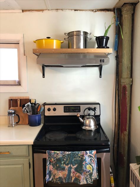 Quarantine Home Demo - Kitchen Open Shelf DIY in our Historic Home Above Stove Shelf, Shelves Above Stove, Shelf Above Stove, Kitchen Open Shelf, Demo Kitchen, Stove Vent, Shelf Diy, Kitchen Open, Oven Range