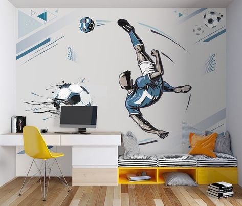 Football Wallpaper Peel and Stick Sports Wall Murals Bicycle Kick Wall Art - Etsy Netherlands Football Theme Wallpaper, Football Mural, Wallpaper Football, Sports Wallpaper, 3d Wallpaper Design, Matt Wallpaper, Themed Kids Room, Football Wall Art, Nursery Wall Murals