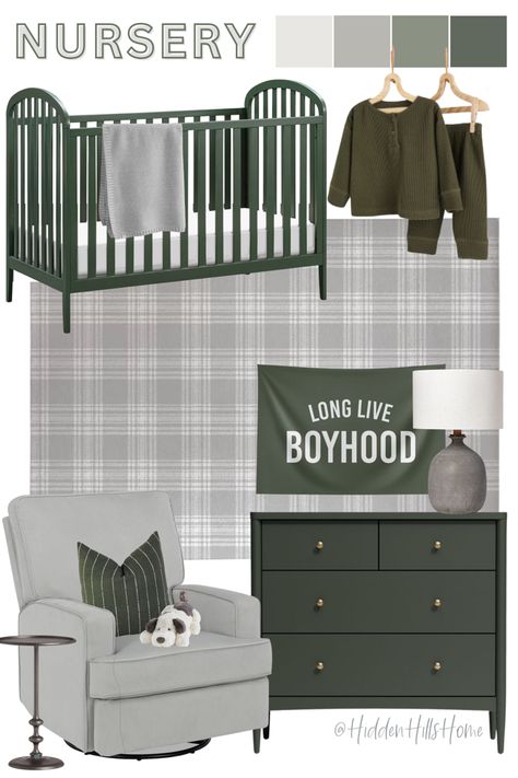 Nursery decor mood board with a green and gray color scheme! I love this baby boys room featuring a dark green crib paired with a gray plaid rug! Grey Crib Nursery, Boy Nursey, Green Nursery Boy, Decor Mood Board, Grey Nursery Boy, Nursery Decor Ideas, Grey Crib, Grey Nursery Decor, Nursery Decor Inspiration