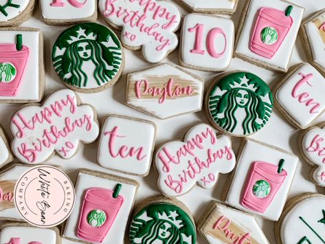 Pink Starbucks Birthday Party, Starbucks Themed Cookies, Starbucks Cookies Decorated, Starbucks Birthday Party, 12th Birthday Party Ideas, Starbucks Cookies, Starbucks Party, Starbucks Cake