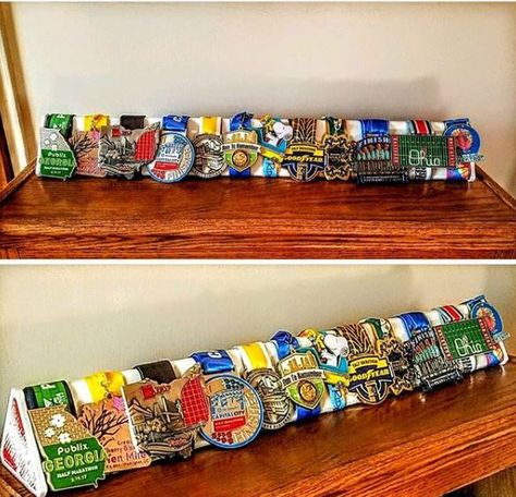 Ways To Display Medals And Ribbons, Conqueror Challenge Medal Display, Display Running Medals, Award Plaque Display Ideas, Race Medal Display Ideas, Ways To Display Medals, Sports Medal Display Ideas, Medal Display Ideas Diy, Running Bib Display