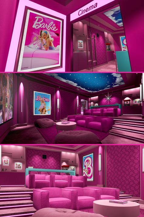 Pink Movie Room, Barbie House Movie, Barbie Dream House Bedroom, Barbie Inspired House, Barbie Movie House, Pink Movie Theater, Bloxburg Cinema, Barbie Movie Theater, Barbie Interior Design