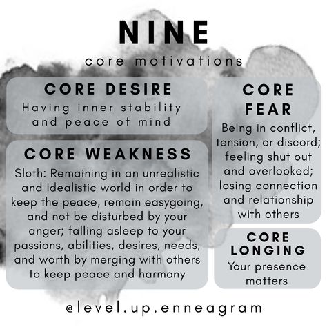 #type9 Core motivations!⁠ Everything about the enneagram comes back to this. When we understand our core motivations, we are able to see WHY we do what we do, rather than focusing on behavior. This gives us the ability to recognize our habits and strategies that aren't as healthy for us. Need help settling on your main type? Check out my website for a typing interview! ⁠ #typenine #enneagramtype9 #enneagram ⁠#Coremotivations #thebasics #enneagramcoaching 9w1 Enneagram, Infp Enneagram, Type 9 Enneagram, Enneagram 9w1, Enneagram Type 9, 9 Enneagram, Enneagram Type One, Enneagram 2, Infj Type