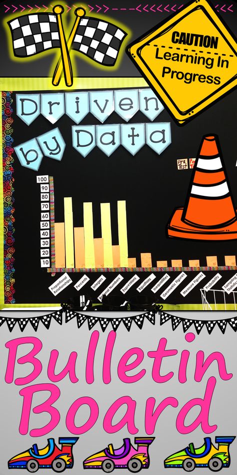 Show your students performance data using this Bulletin Board with a traffic race car theme.  Perfect for Middle School and Elementary Classrooms.  Includes motivational posters, banner, editable labels, bulletin décor and more!  Use your pre and post tests and average grades to highlight achievement levels.  This Focus Wall is easy to use without a lot of prep work to continue using through the school year. Available to purchase through TpT Link and Blog Post. Data Boards Elementary, Data Bulletin Boards Elementary, Data Bulletin Boards Middle School, Parking Lot Bulletin Board, Race Bulletin Board Ideas, Road Trip School Theme, Construction School Theme, Car Theme Classroom, Racing Bulletin Board Ideas