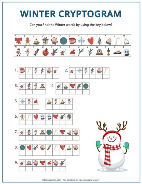 Winter Cryptogram Christmas Makerspace Activities, Winter Themed Worksheets, Winter Hidden Pictures Free Printable, Christmas Day Activities For Kids, Cryptograms For Kids Free Printable, Winter Puzzles Free Printable, Winter Word Search Free Printable, Christmas Puzzles Printables Free, Printable Christmas Activities For Kids