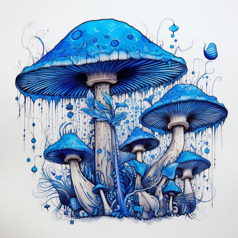 Blue Mushroom Art, Magic Mushroom Drawing, Mushroom Drawings, Mushroom Book, Blue Mushrooms, Fancy Candles, Fungi Art, Mushroom Pictures, Mushroom Tattoos