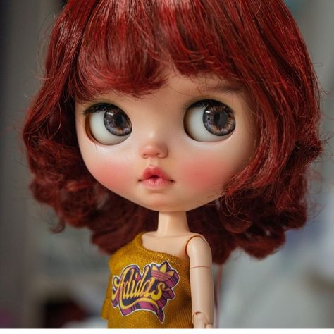 Red Curly Hair Blythe Doll, Blythe Doll With Red Hair, Blythe Dolls Ginger Hair, Red Head Blythe Doll, Red Hair Blythe Doll Pfp, Dark Red Hair Blythe Doll, Blythe Dolls Red Hair Brown Eyes, Ginger Blythe Doll, Blythe Doll Short Hair