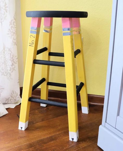 10 Back to School Ideas That Are So Darn Cute! | Hometalk Painted Teacher Stool, Teacher Stool, Writing Utensils Organization, Teacher Stools, Creative Teachers Gifts, 2023 Classroom, Dining Room Table Makeover, Painting Teacher, Painted Stools