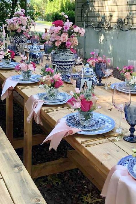 Take a look at this fabulous Mother's Day party! The table settings are so impressive! See more party ideas and share yours at CatchMyParty.com Mothers Day Dining Table Decor, Party Tablescapes Ideas, Formal Tea Party Table, Table Decor Ideas For Party, Garden Table Setting Ideas, Birthday Table Setting Ideas For Women, Spring Table Set Up, Mother's Day Table Settings, Mothers Birthday Party Ideas