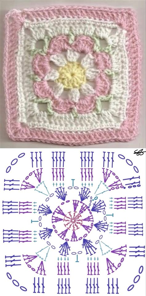 #crochet #grannysquarepattern #flower #grannysquare #chart #grannysquarechart Flower Granny Square Diagram, Crochet Flower Patterns Diagram, Granny Square Chart, Granny Square Flower, Granny Square Easy, Motifs Granny Square, Crochet Flower Squares, Hello Kitty Crochet, Flower Granny Square