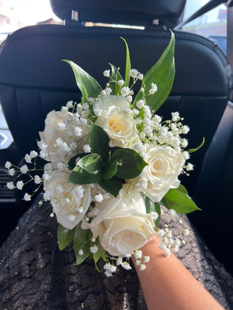 White And Green Bouquet Prom, White Bouquet For Prom, White And Silver Prom Bouquet, White Rose Bouquet Prom, White Flower Prom Bouquet, Prom Flower Arrangements, Green Prom Flowers Bouquets, Mini Prom Bouquet Flowers, Flower Prom Bouquets