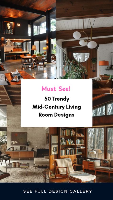 Explore 50 trendy Mid-Century modern living room designs that bring style and comfort to your space. Whether you love bright colors, minimalist layouts, or iconic retro furniture pieces, this collection offers a wealth of inspiration for your next interior project. From bold accent walls to chic throw pillows, these ideas emphasize the unique appeal of Mid-Century aesthetics. Perfect for anyone looking to enhance their home with a nostalgic touch while maintaining functionality. Transform your living room today! Mid Century Rustic Living Room, Mid Century Modern Moody Living Room, Mcm Home Interiors, Mid Century Modern Wall Unit, Mid Century Style Living Room, Mid Century Lounge Room, Mid Century Modern Living Room Layout, Mid Century Modern Den, Mid Century Living Room 1950s