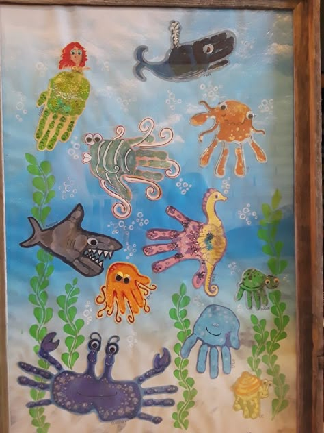 Sea Creatures Handprints, Under The Sea Handprint Crafts, Sea Animals Handprint Art, Hand Print Sea Animals, Seahorse Footprint Art, Ocean Animal Handprint Art, Sea Creature Crafts For Kids Preschool, Handprint Sea Animals, Sea Creature Handprint Art