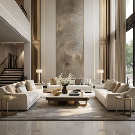 Emphasizing large space, the living room appears even grander with its modern furnishings. Luxury Minimalist Interior, High Ceiling Living Room Modern, Ceiling Living Room Modern, Luxury Contemporary Interior Design, Duplex Wall, Double Height Living Room, Luxury Artwork, High Ceiling Living Room, Modern Luxury Interior