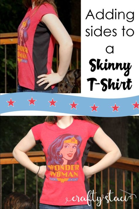 Upcycling Ideas Clothes, Shirt Alterations, Crafty Staci, Altered T Shirts, Wonder Woman Shirt, Shirt Makeover, Upcycling Clothes, Garment Sewing, Tshirt Refashion